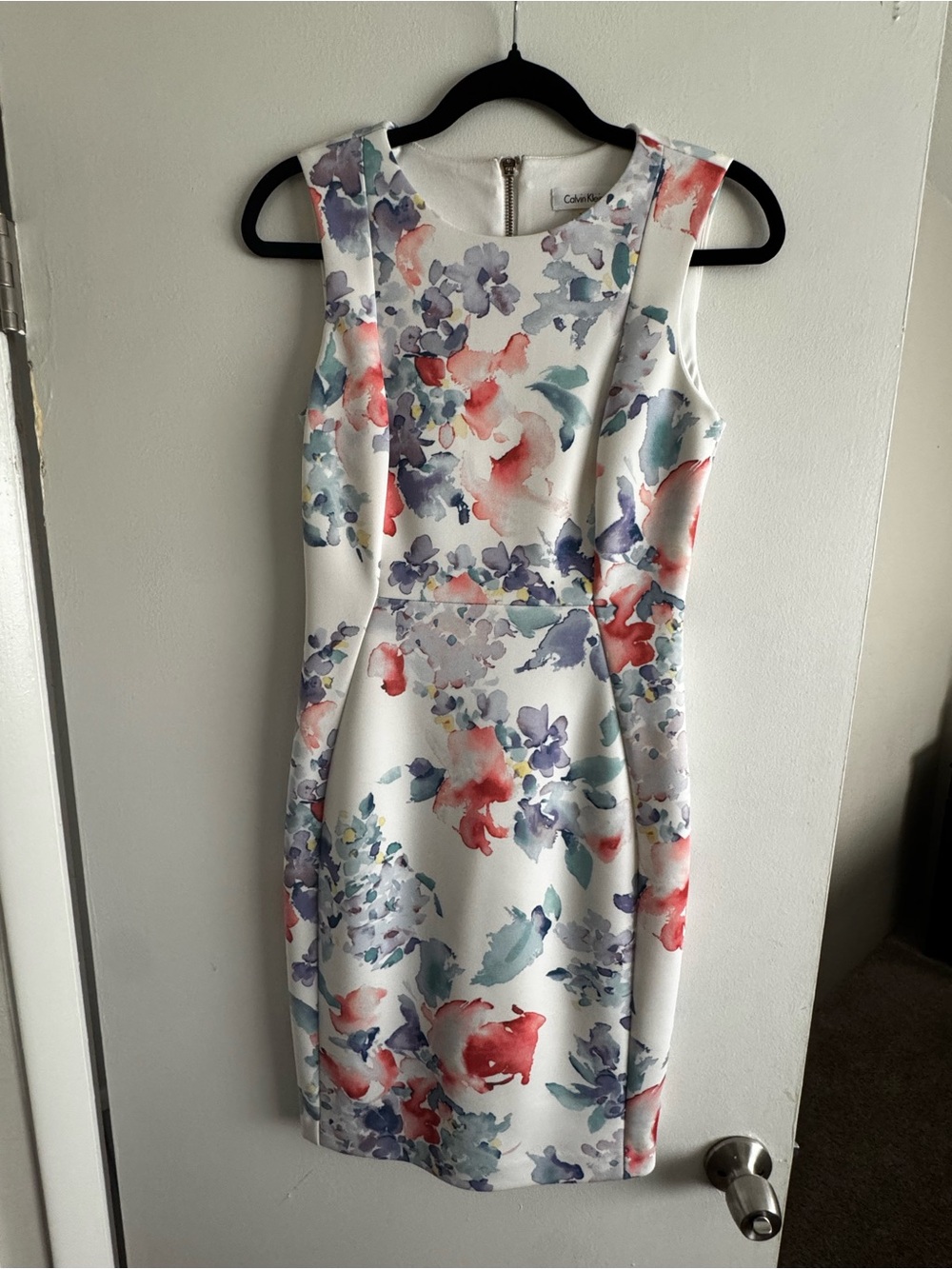 Calvin Klein White Floral Midi Sheath Dress with Pink and Lavender Accents